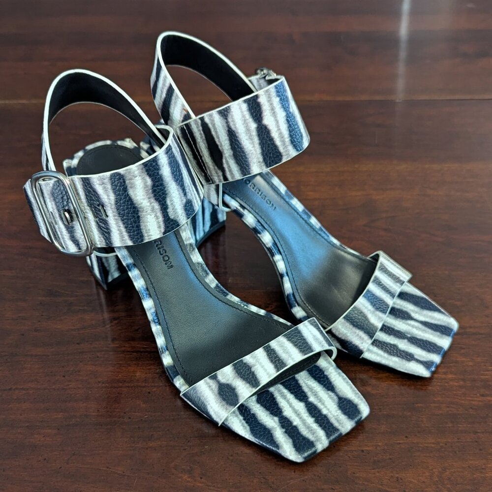 Sigerson Morrison Womens 38 Black White Tie Dye Chunky Heel Sandals Carmel